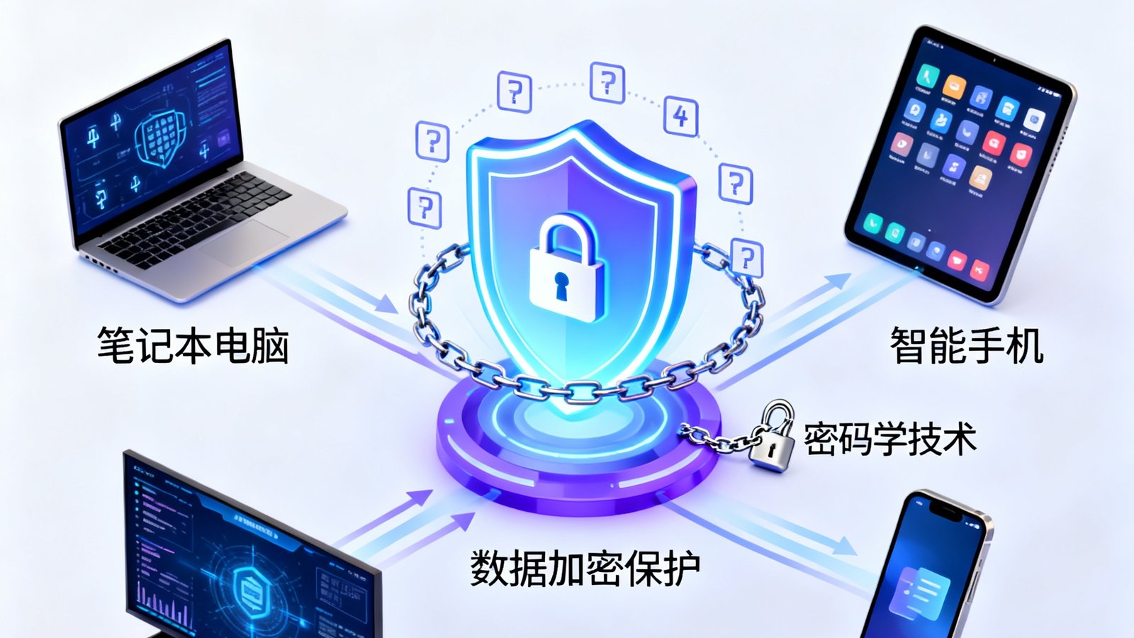 一张信息图展示DS视讯平台支持的各种设备——笔记本电脑、智能手机、平板电脑和会议大屏一体机之间通过加密数据流无缝连接，画面中央是一个发光的盾牌图标象征数据加密保护，周围环绕着锁链状的密码学符号。